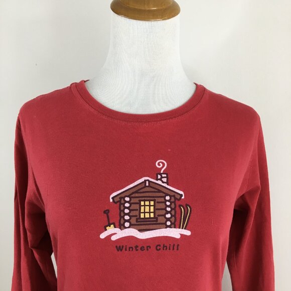 LIFE IS GOOD Long Sleeve Red Multi Color Snow Winter Cabin Print Shirt - Picture 4 of 16